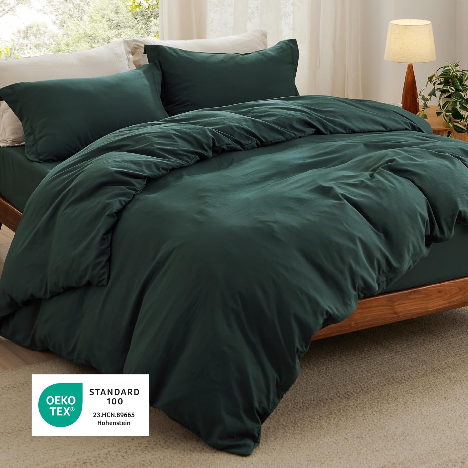 image:imageBedsure Duvet Cover Queen Size with Fitted Sheet 4 Pieces Prewashed Polyester Soft Bedding Set Includes 1 Duvet Cover 90x90 with Zipper Closure 2 Pillow Shams 1 Fitted Sheet Bright White01 Forest Green No Comforter