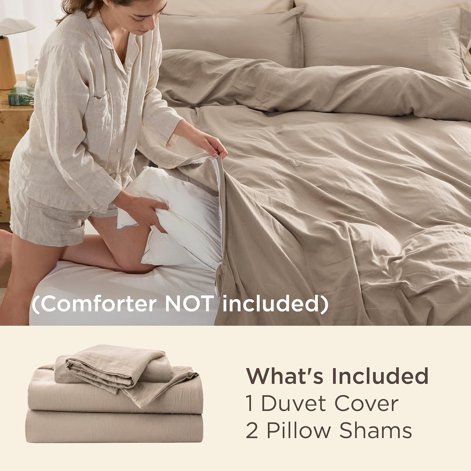 image:imageBedsure Duvet Cover Queen Size with Fitted Sheet 4 Pieces Prewashed Polyester Soft Bedding Set Includes 1 Duvet Cover 90x90 with Zipper Closure 2 Pillow Shams 1 Fitted Sheet Bright White02 Light Brown No Comforter