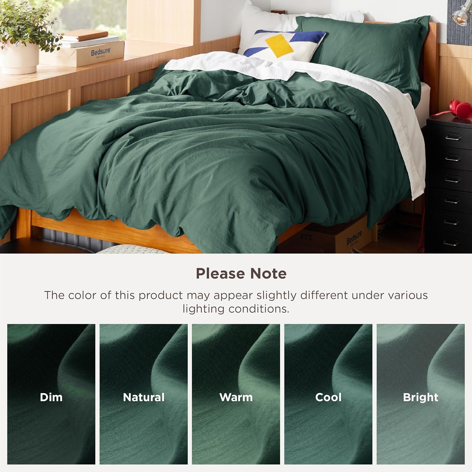 image:imageBedsure Duvet Cover Queen Size with Fitted Sheet 4 Pieces Prewashed Polyester Soft Bedding Set Includes 1 Duvet Cover 90x90 with Zipper Closure 2 Pillow Shams 1 Fitted Sheet Bright White01 Forest Green No Comforter