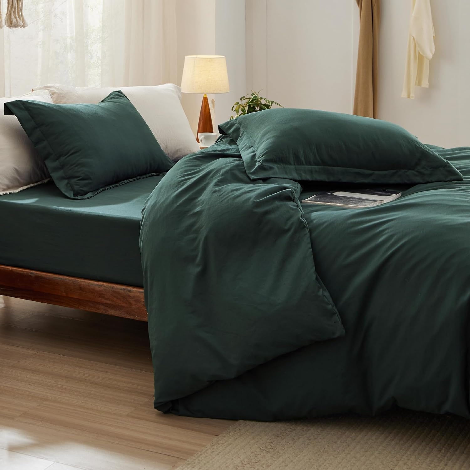 image:imageBedsure Duvet Cover Queen Size with Fitted Sheet 4 Pieces Prewashed Polyester Soft Bedding Set Includes 1 Duvet Cover 90x90 with Zipper Closure 2 Pillow Shams 1 Fitted Sheet Bright White01 Forest Green No Comforter