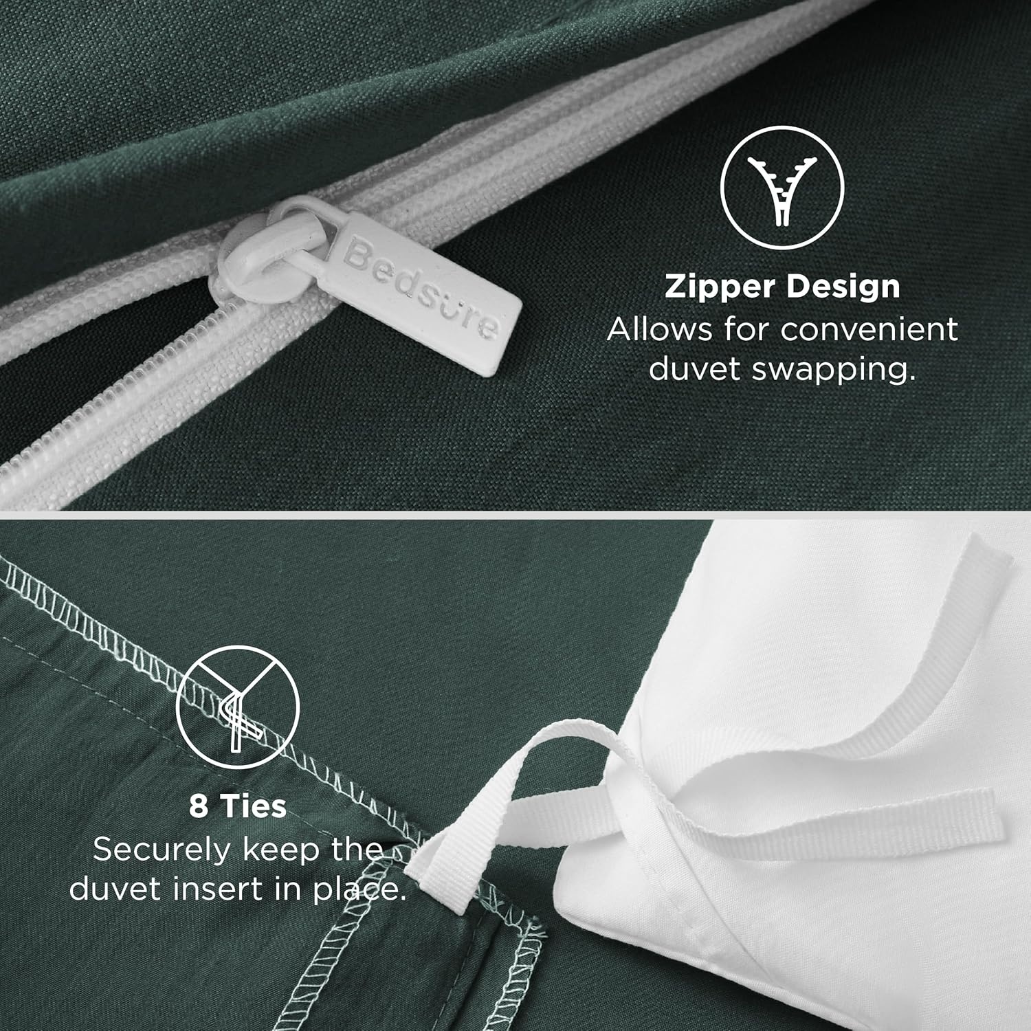 image:imageBedsure Duvet Cover Queen Size with Fitted Sheet 4 Pieces Prewashed Polyester Soft Bedding Set Includes 1 Duvet Cover 90x90 with Zipper Closure 2 Pillow Shams 1 Fitted Sheet Bright White01 Forest Green No Comforter