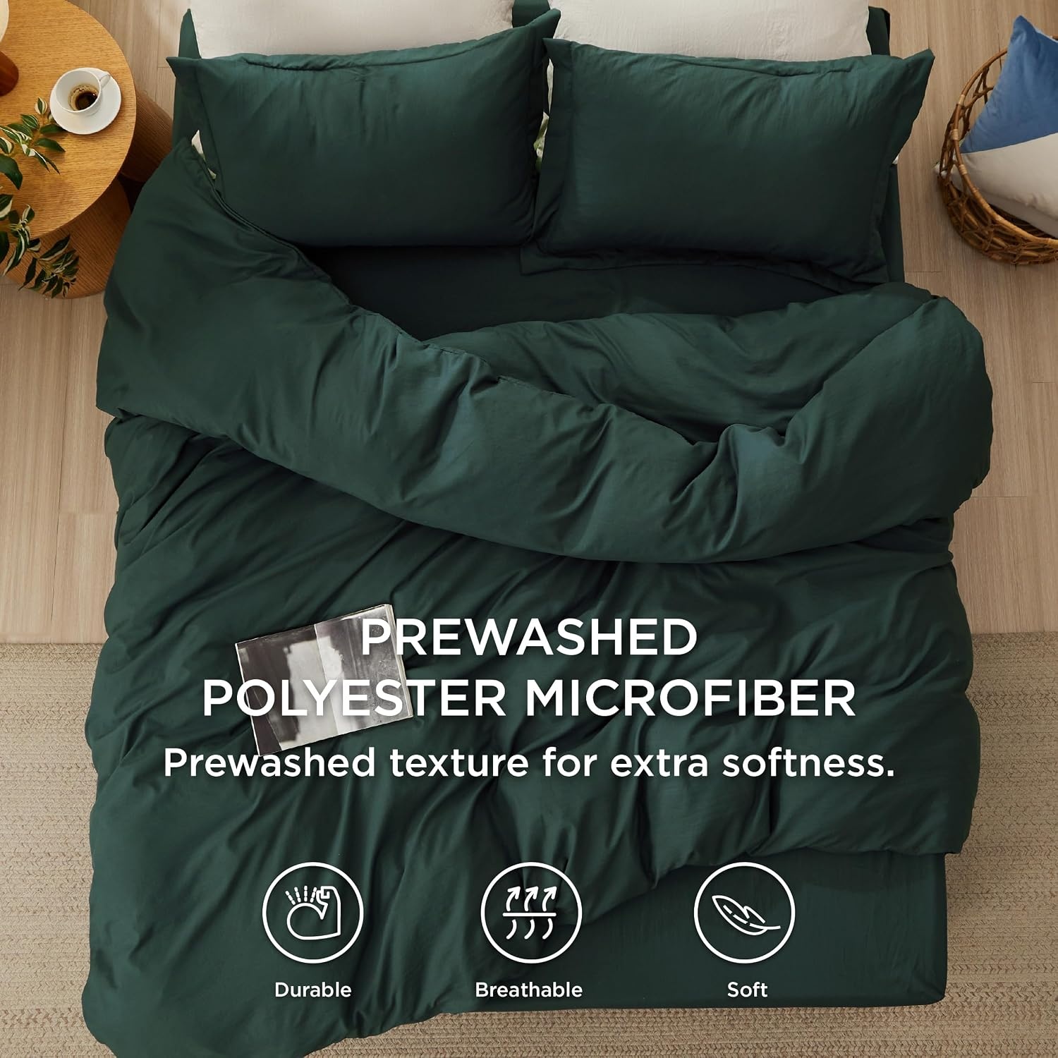 image:imageBedsure Duvet Cover Queen Size with Fitted Sheet 4 Pieces Prewashed Polyester Soft Bedding Set Includes 1 Duvet Cover 90x90 with Zipper Closure 2 Pillow Shams 1 Fitted Sheet Bright White01 Forest Green No Comforter