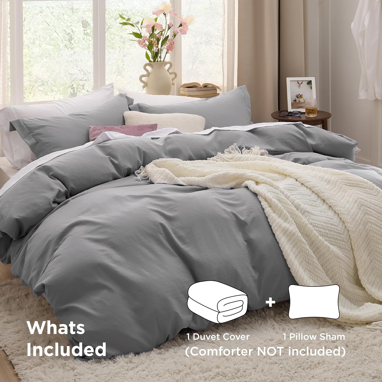 image:imageBedsure Duvet Cover Queen Size with Fitted Sheet 4 Pieces Prewashed Polyester Soft Bedding Set Includes 1 Duvet Cover 90x90 with Zipper Closure 2 Pillow Shams 1 Fitted Sheet Bright White04 Grey No Comforter