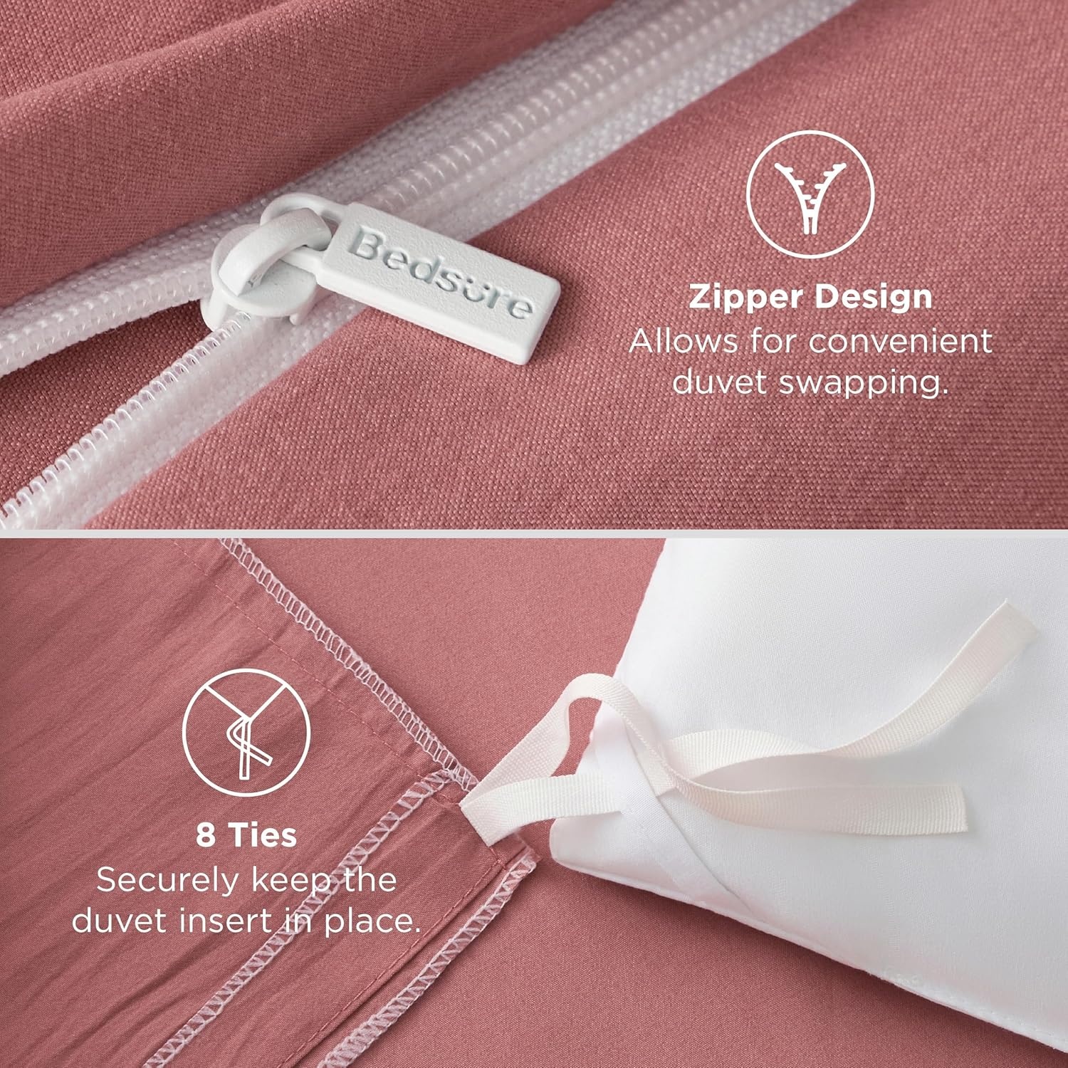 image:imageBedsure Duvet Cover Queen Size with Fitted Sheet 4 Pieces Prewashed Polyester Soft Bedding Set Includes 1 Duvet Cover 90x90 with Zipper Closure 2 Pillow Shams 1 Fitted Sheet Bright White09 Clay Pink No Comforter