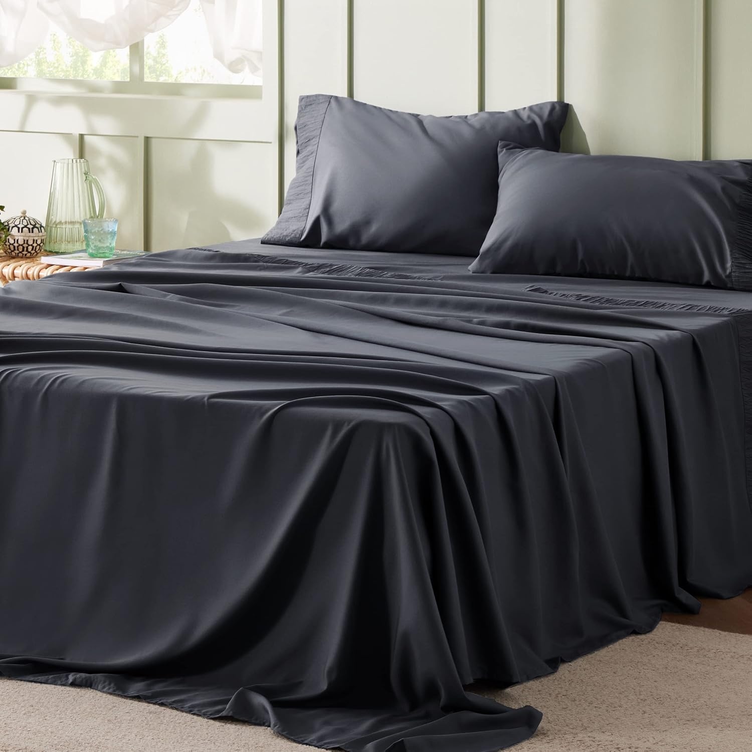 image:imageBedsure White Queen Size Mattress Pad Bundle Queen Sheet Set Grey