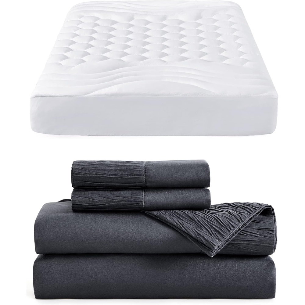 image:imageBedsure White Queen Size Mattress Pad Bundle Queen Sheet Set Grey