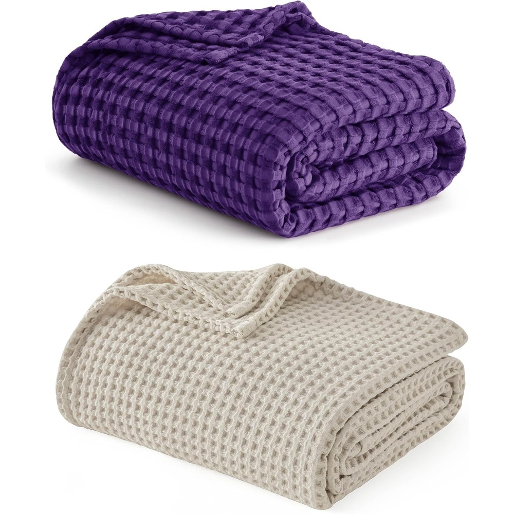 image:imageBedsure Purple Cooling Blanket and Beige Linen Waffle Blanket 90x90 Inches