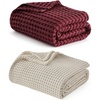 Bedsure Burgundy Cooling Blanket and Beige Linen Waffle Blanket, 90×90 Inches