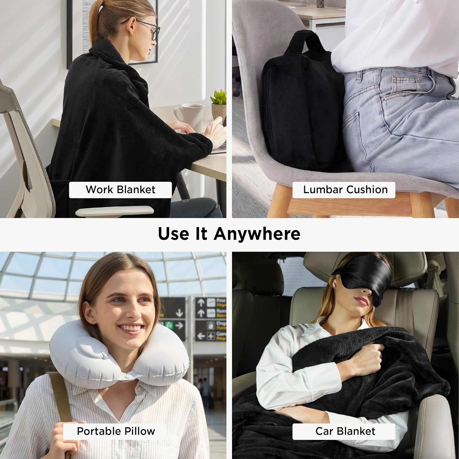 image:imageBedsure Travel Blanket Set with Inflatable Neck Pillow and Eye Mask Lightweight 3in1 Airplane Packable Blanket Compact Travel Essentials PinkBlack