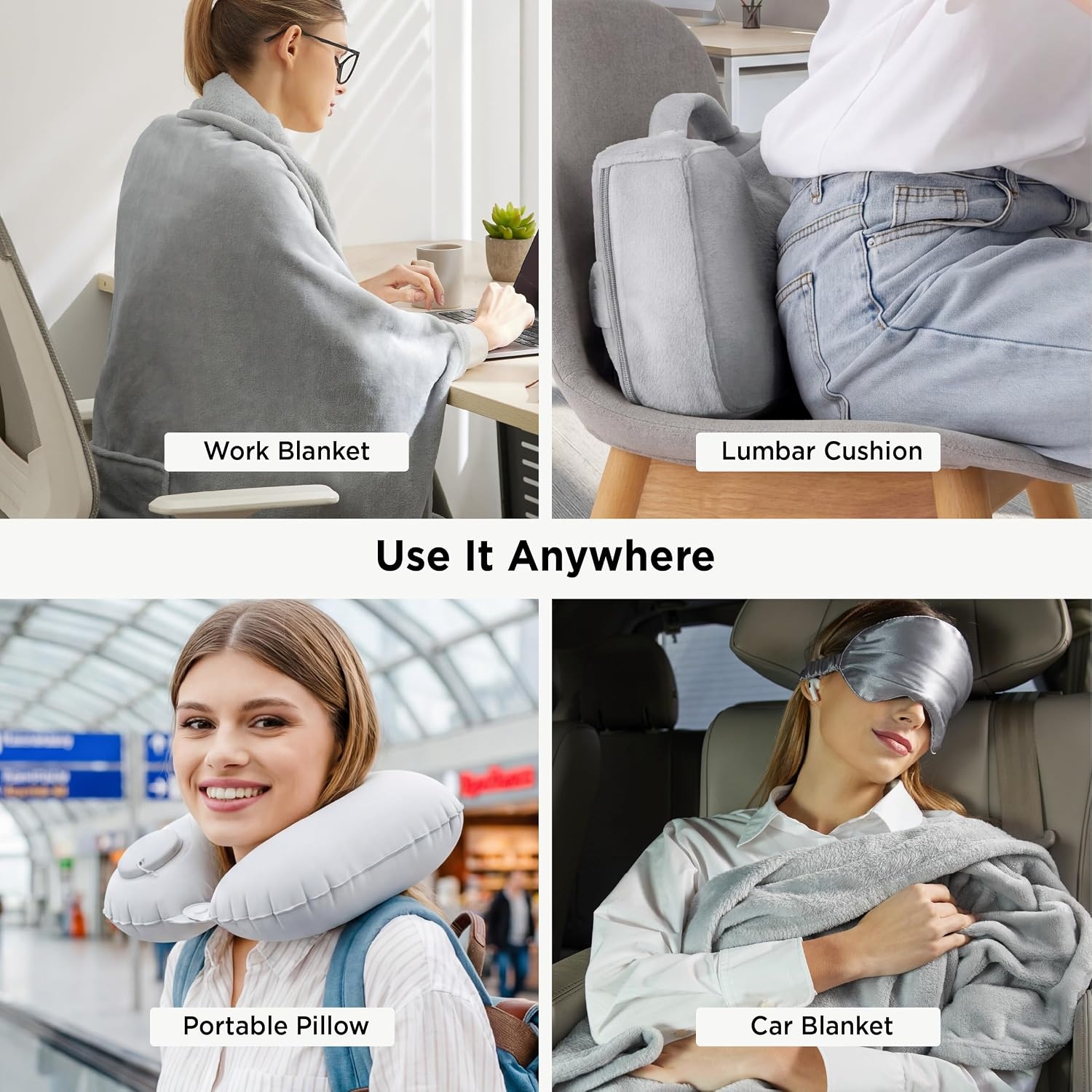 image:imageBedsure Travel Blanket Set with Inflatable Neck Pillow and Eye Mask Lightweight 3in1 Airplane Packable Blanket Compact Travel Essentials PinkGrey