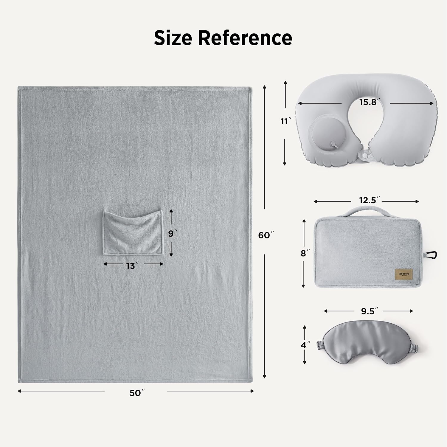 image:imageBedsure Travel Blanket Set with Inflatable Neck Pillow and Eye Mask Lightweight 3in1 Airplane Packable Blanket Compact Travel Essentials PinkGrey