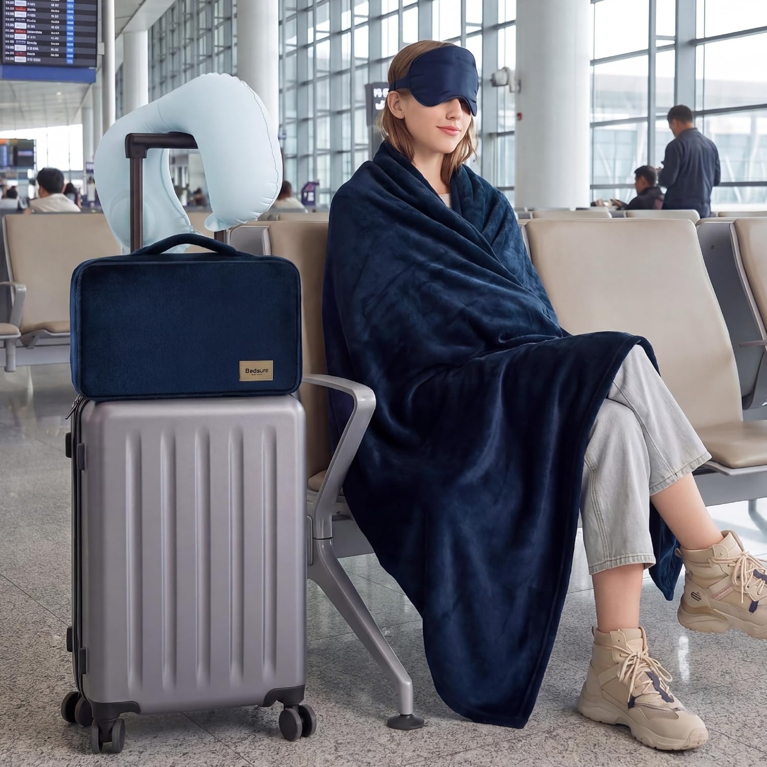 image:imageBedsure Travel Blanket Set with Inflatable Neck Pillow and Eye Mask Lightweight 3in1 Airplane Packable Blanket Compact Travel Essentials PinkNavy