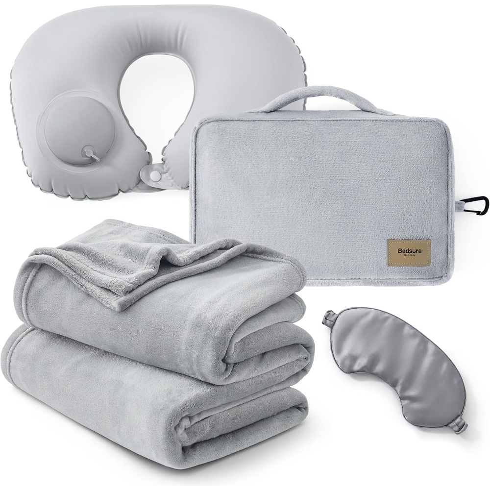 image:imageBedsure Travel Blanket Set with Inflatable Neck Pillow and Eye Mask Lightweight 3in1 Airplane Packable Blanket Compact Travel Essentials PinkGrey