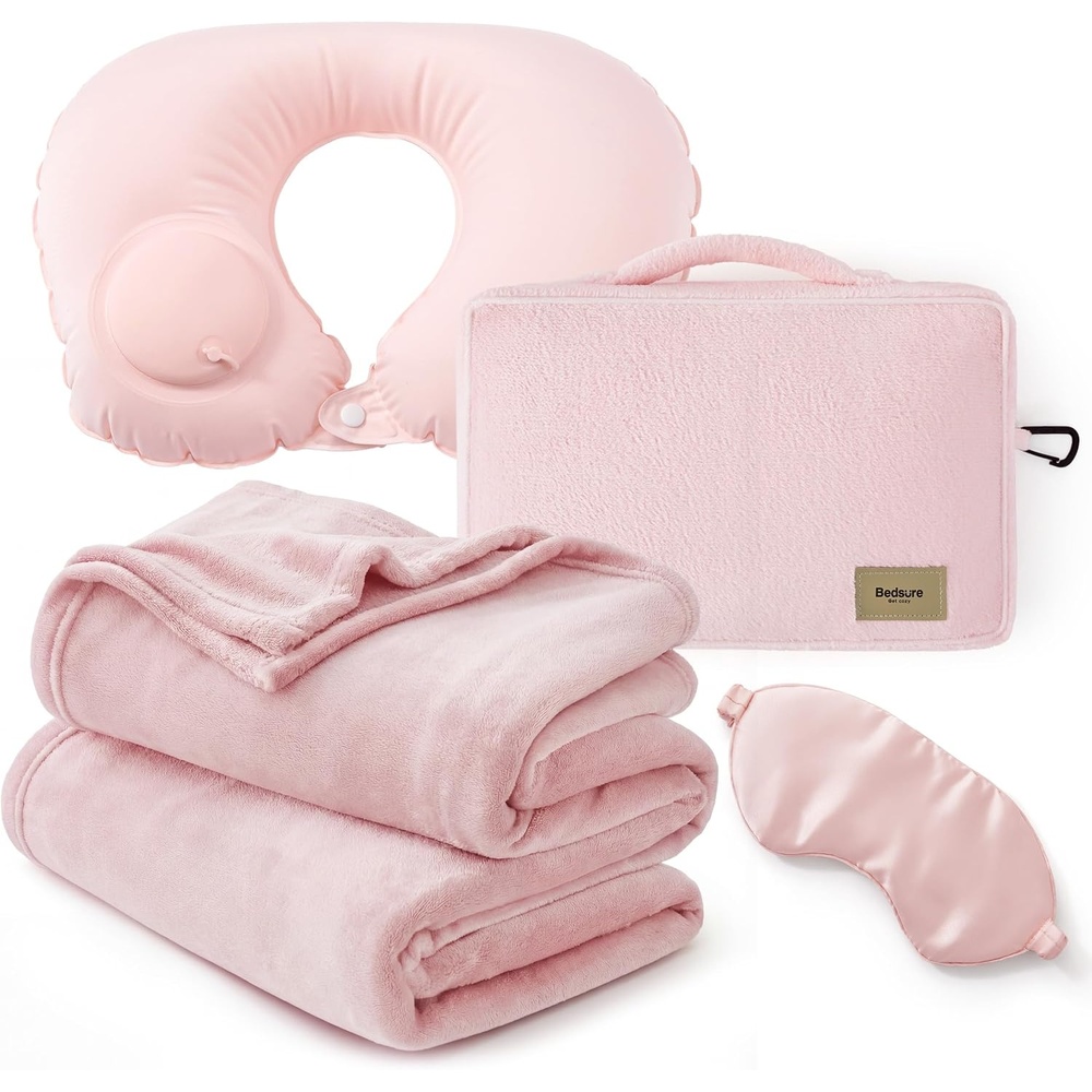 image:imageBedsure Travel Blanket Set with Inflatable Neck Pillow and Eye Mask Lightweight 3in1 Airplane Packable Blanket Compact Travel Essentials PinkPink