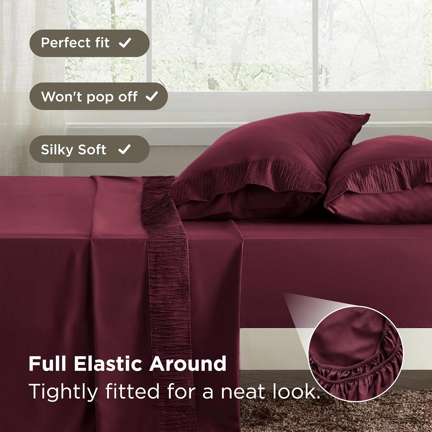 image:imageBedsure King Size Sheets Set 4 Pieces Soft Breathable Cooling Bed Sheet Hotel Luxury Bedding OekoTex Easy Care Deep Pocket Fade Resistant Shrink Resistant Sturdiness Emboss Design21 Red