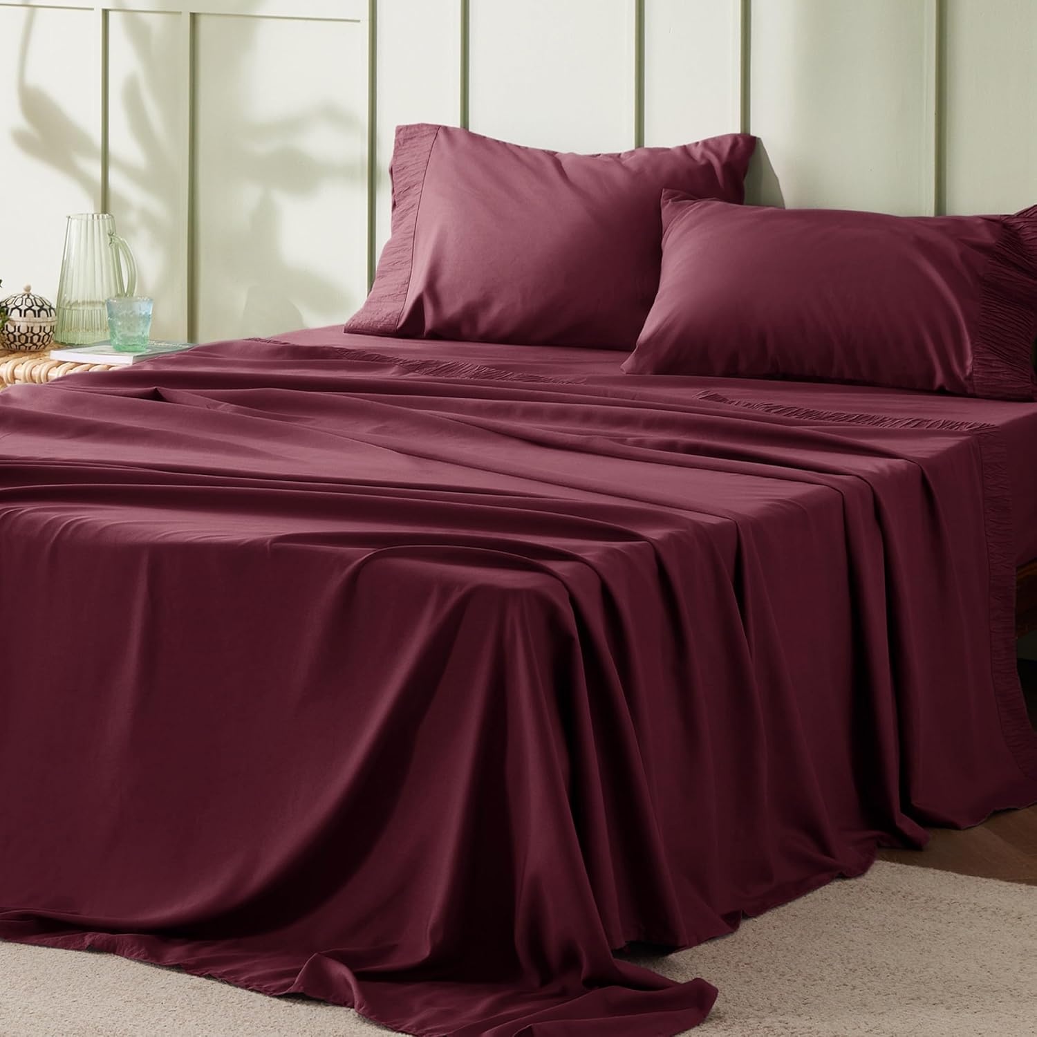 image:imageBedsure King Size Sheets Set 4 Pieces Soft Breathable Cooling Bed Sheet Hotel Luxury Bedding OekoTex Easy Care Deep Pocket Fade Resistant Shrink Resistant Sturdiness Emboss Design21 Red
