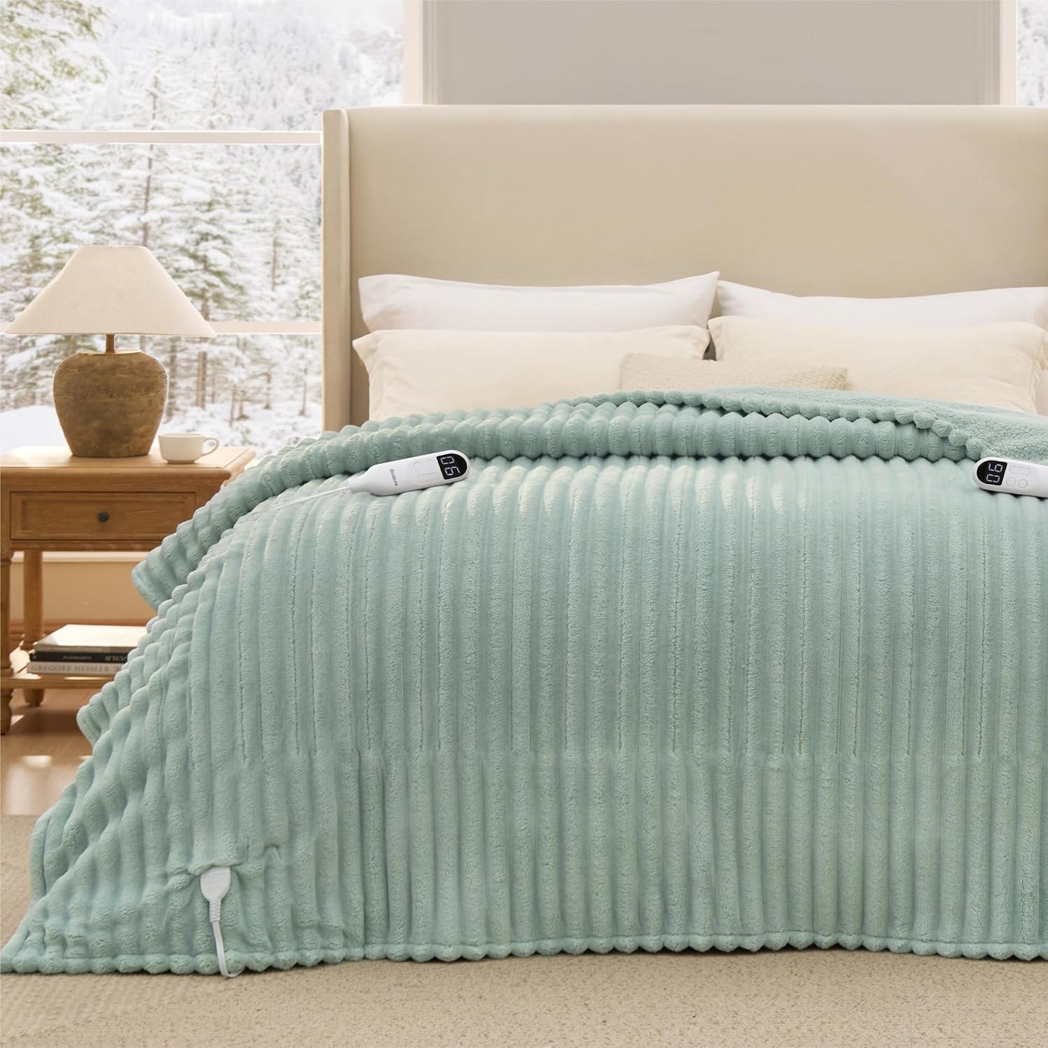 image:imageBedsure Electric Blanket Queen Size Thick Striped Flannel Electric Blanket with Dual Control Heating with 6 Heat Settings amp 6 Time Settings 8 hrs Timer Auto Shut Off 84x90 inches Green04 Emerald Green