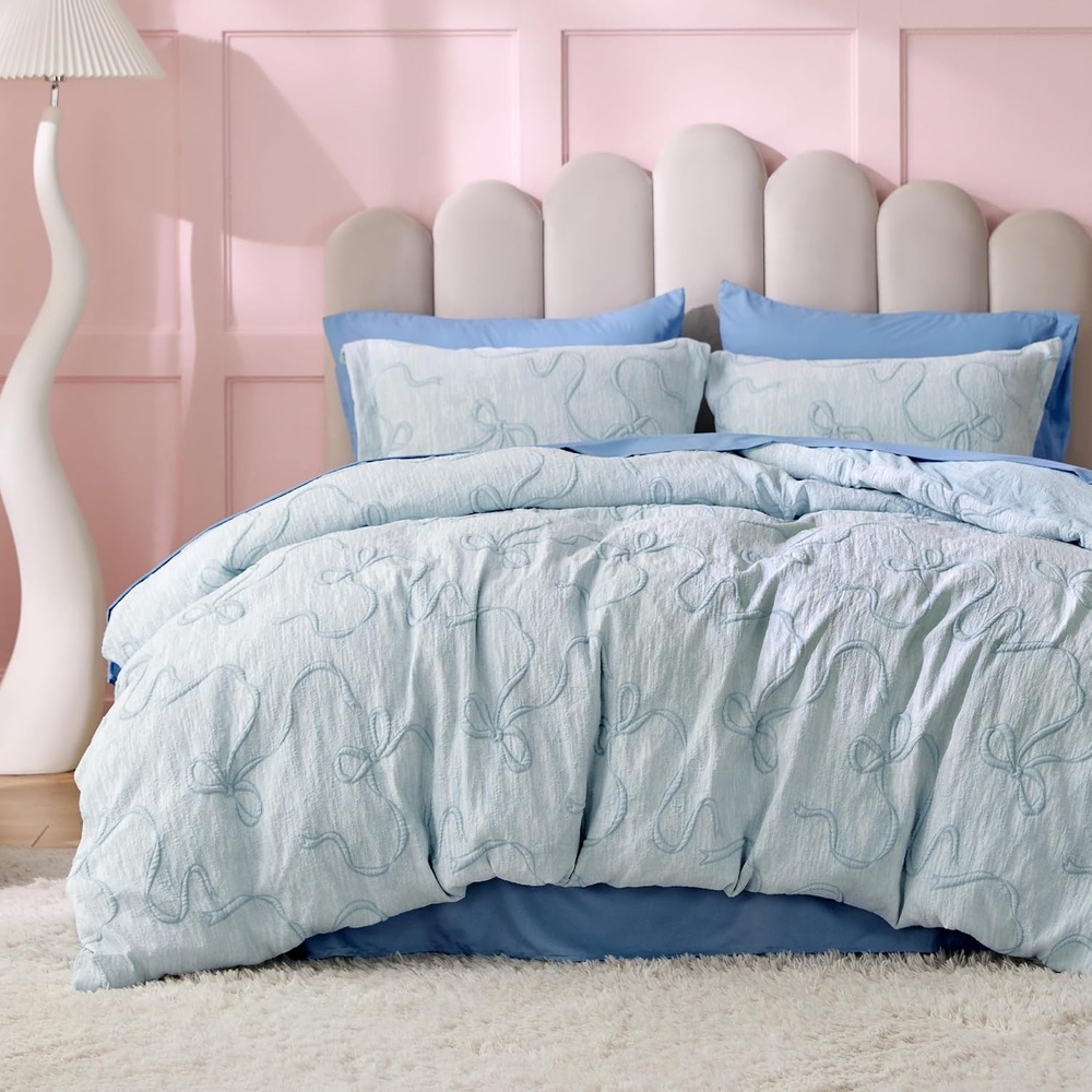image:imageBedsure Boho Duvet Cover Queen Vintage Tufted Bedding 3Piece White Boho Bedding Lightweight Fade Resistant Machine Washable Soft Breathable All Seasons Zipper Closure 8 Corner Ties03 Blue Bowknot No Comforter