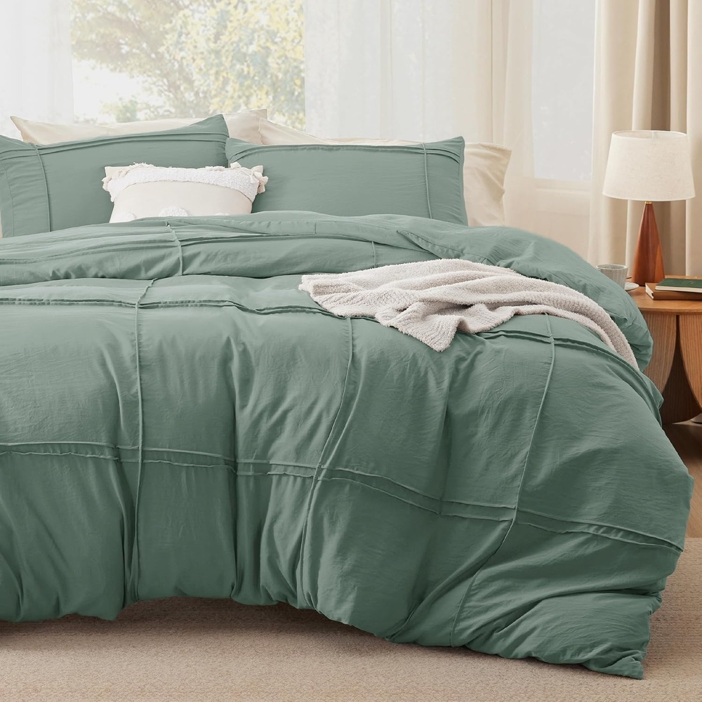 image:imageBedsure Boho Duvet Cover Queen Vintage Tufted Bedding 3Piece White Boho Bedding Lightweight Fade Resistant Machine Washable Soft Breathable All Seasons Zipper Closure 8 Corner Ties11 Green Grid No Comforter