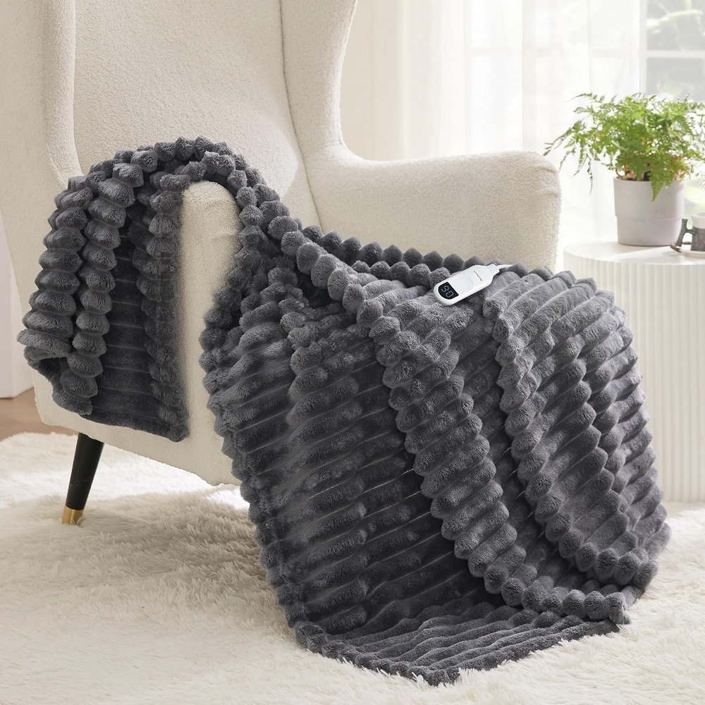 image:imageBedsure Electric Blanket Queen Size Thick Striped Flannel Electric Blanket with Dual Control Heating with 6 Heat Settings amp 6 Time Settings 8 hrs Timer Auto Shut Off 84x90 inches Green02 Grey