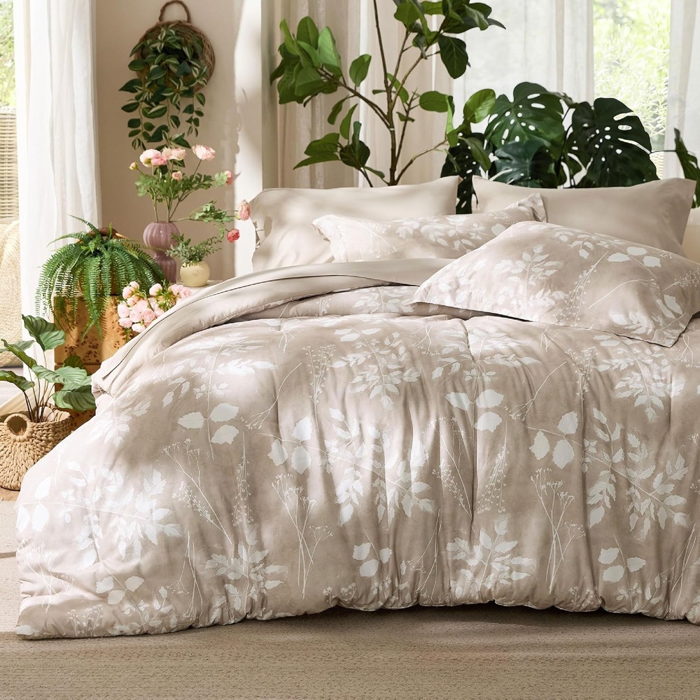 image:imageBedsure Lavender Twin XL Comforter Set 5 Pieces Floral Bedding Sets Twin XL Bed in a Bag with Reversible Botanical Flowers Comforter Sheets Pillowcase amp Sham11 Beige