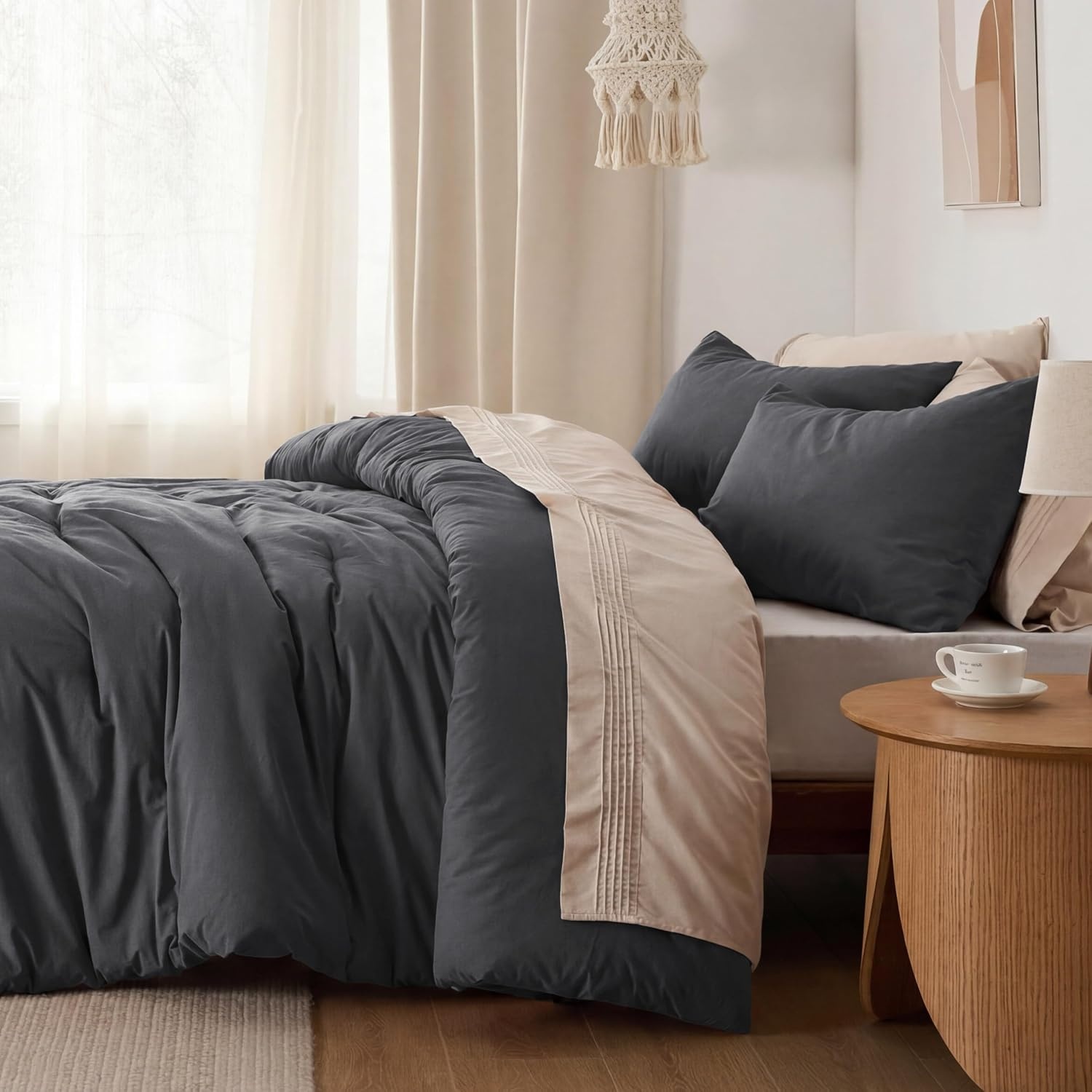 image:imageBedsure PureWoven Cotton Comforter Set Prewashed Queen Light Pink01 Charcoal Grey