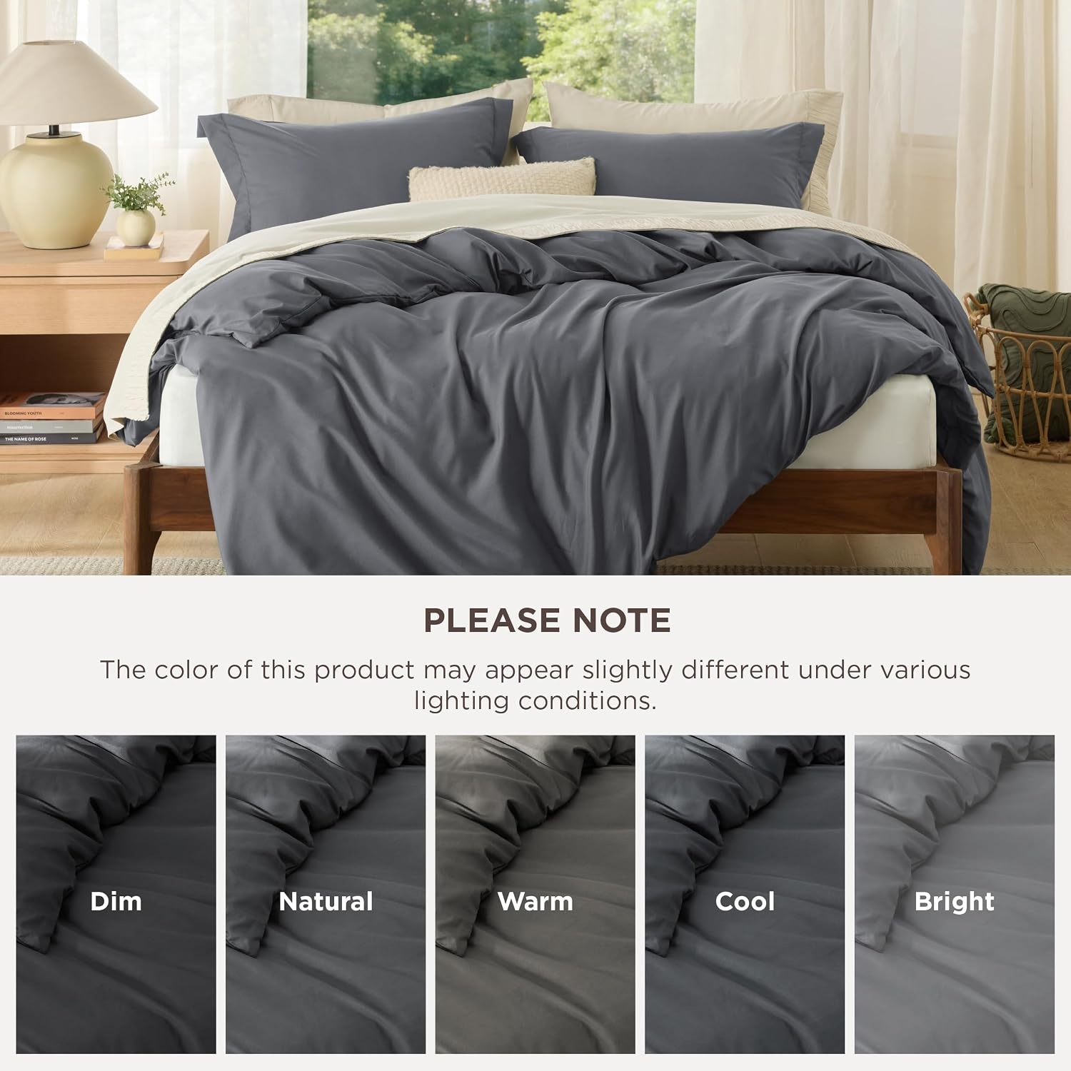 image:imageBedsure Duvet Cover King Size 3Pcs Double Brushed Bedding Set Light Beige02 Dark Grey