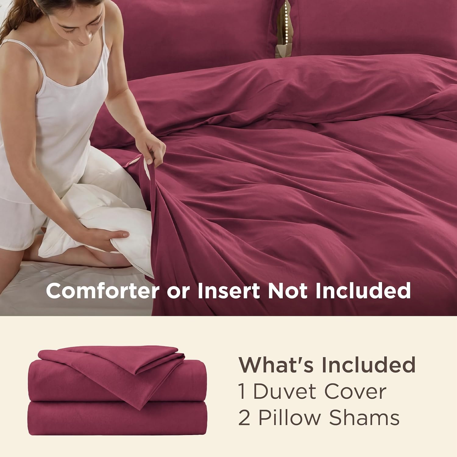 image:imageBedsure Duvet Cover King Size 3Pcs Double Brushed Bedding Set Light Beige08 Dark Red