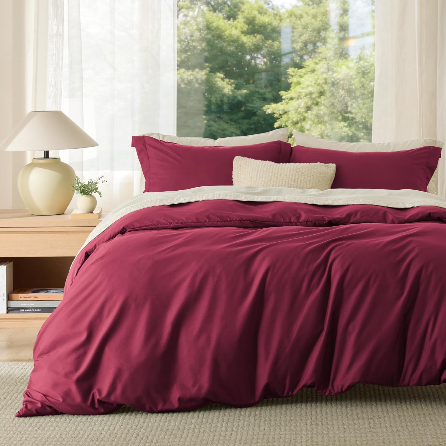 image:imageBedsure Duvet Cover King Size 3Pcs Double Brushed Bedding Set Light Beige08 Red