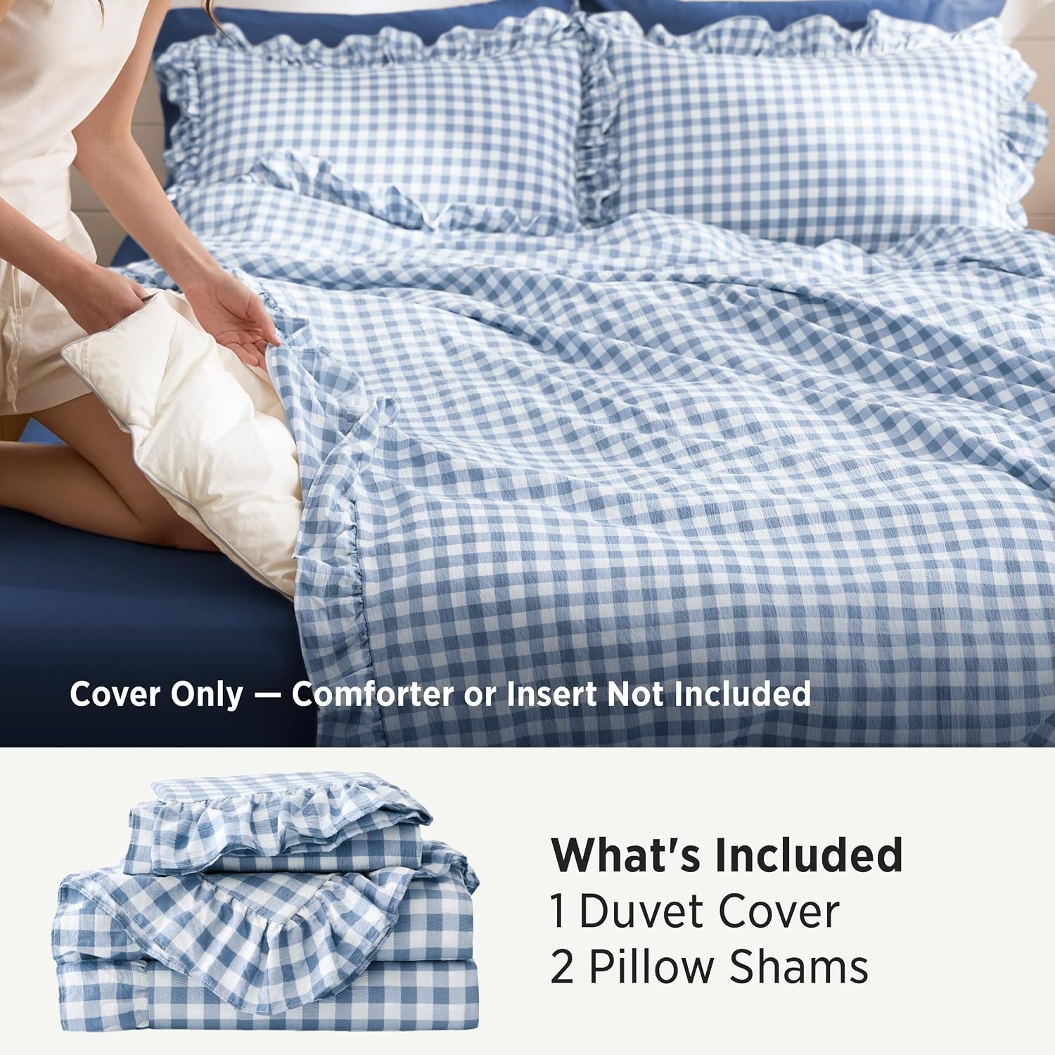 image:imageBedsure Tan Gingham Ruffle Duvet Cover Set CottonLike Quilt Cover QueenBlue Gingham