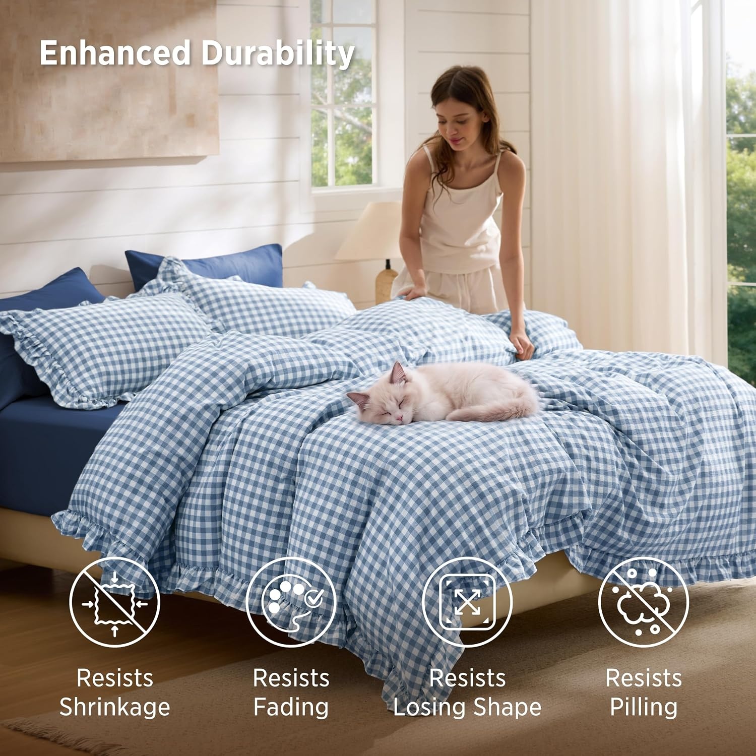 image:imageBedsure Tan Gingham Ruffle Duvet Cover Set CottonLike Quilt Cover QueenBlue Gingham