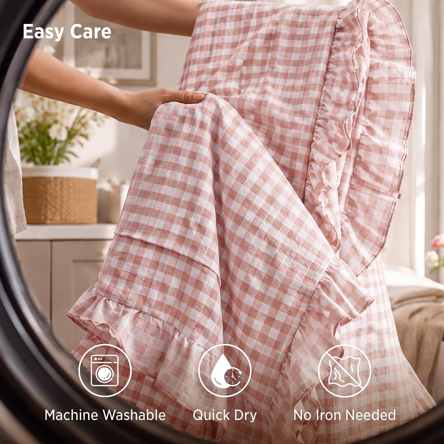image:imageBedsure Tan Gingham Ruffle Duvet Cover Set CottonLike Quilt Cover QueenPink Gingham