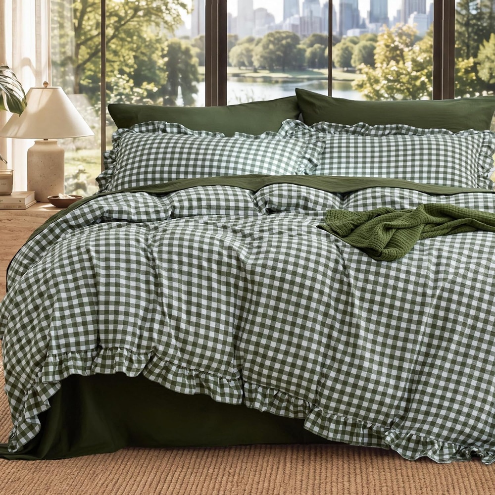 image:imageBedsure Tan Gingham Ruffle Duvet Cover Set CottonLike Quilt Cover QueenOlive Green Gingham