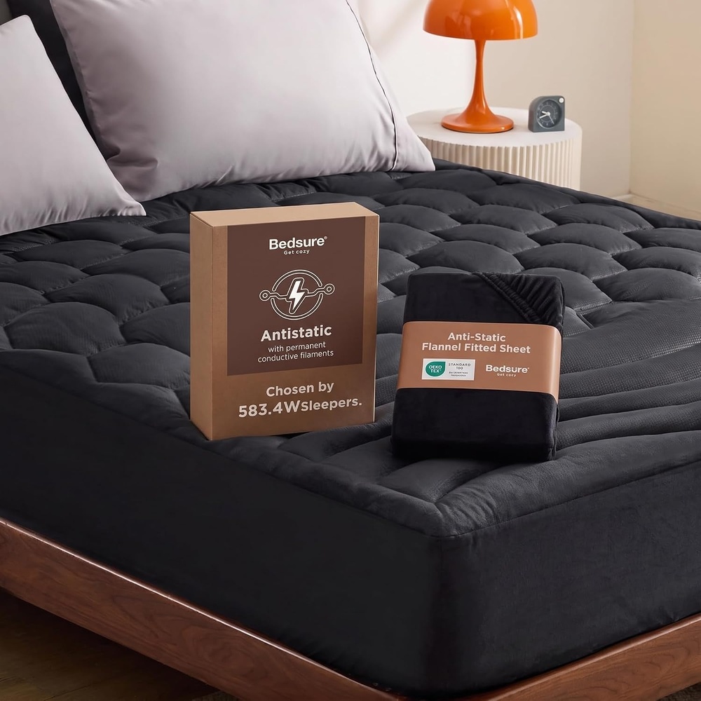 image:imageBedsure Mattress Pad Bundle Flannel Fitted Sheet Only Quilted Fitted Mattress Topper Protector with 821 Inches Deep Pocket Noiseless Breathable Bed Cover Padded Velvet Bottom Sheet King Black