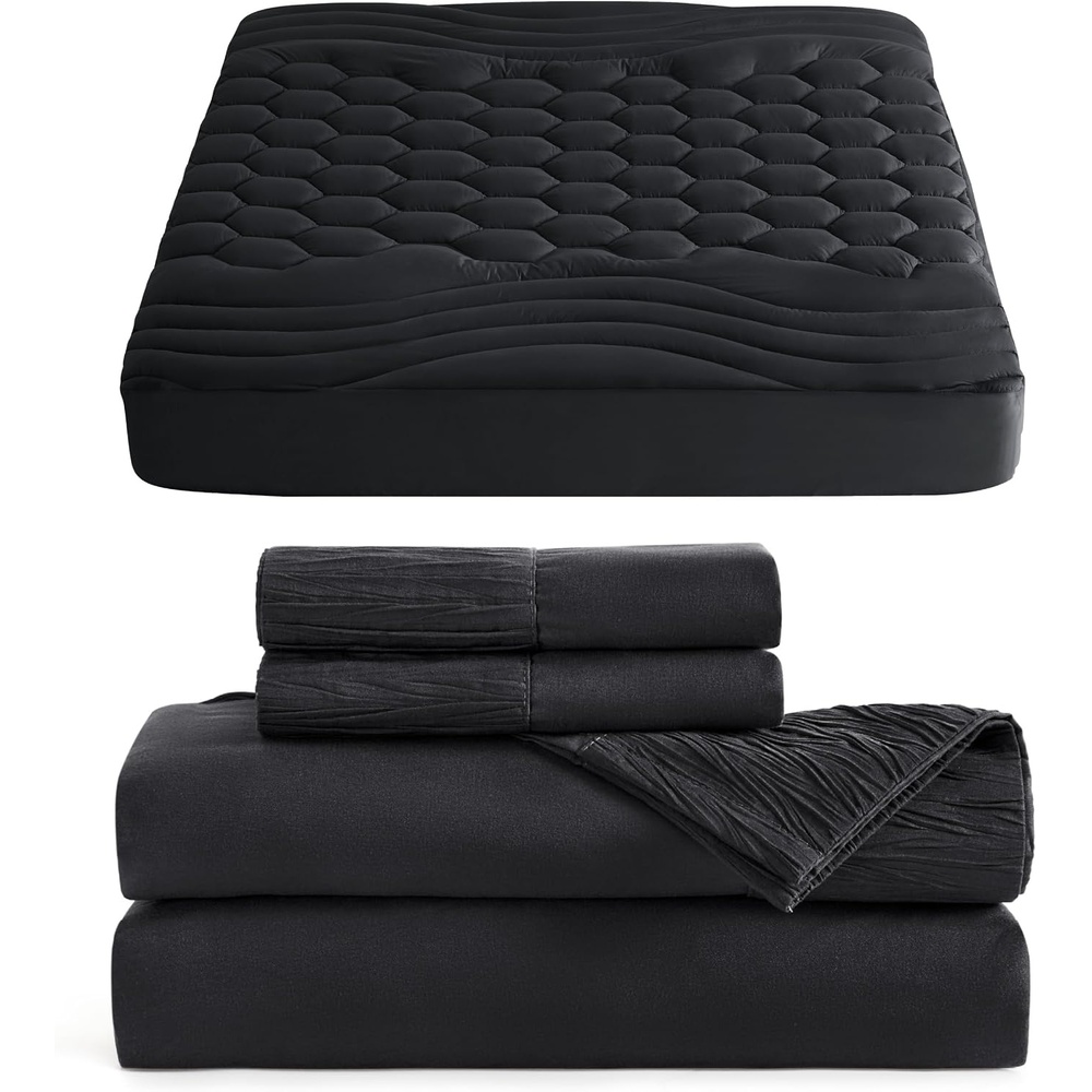 image:imageBedsure Queen Size Mattress Pad Bundle Queen Sheet Set Black