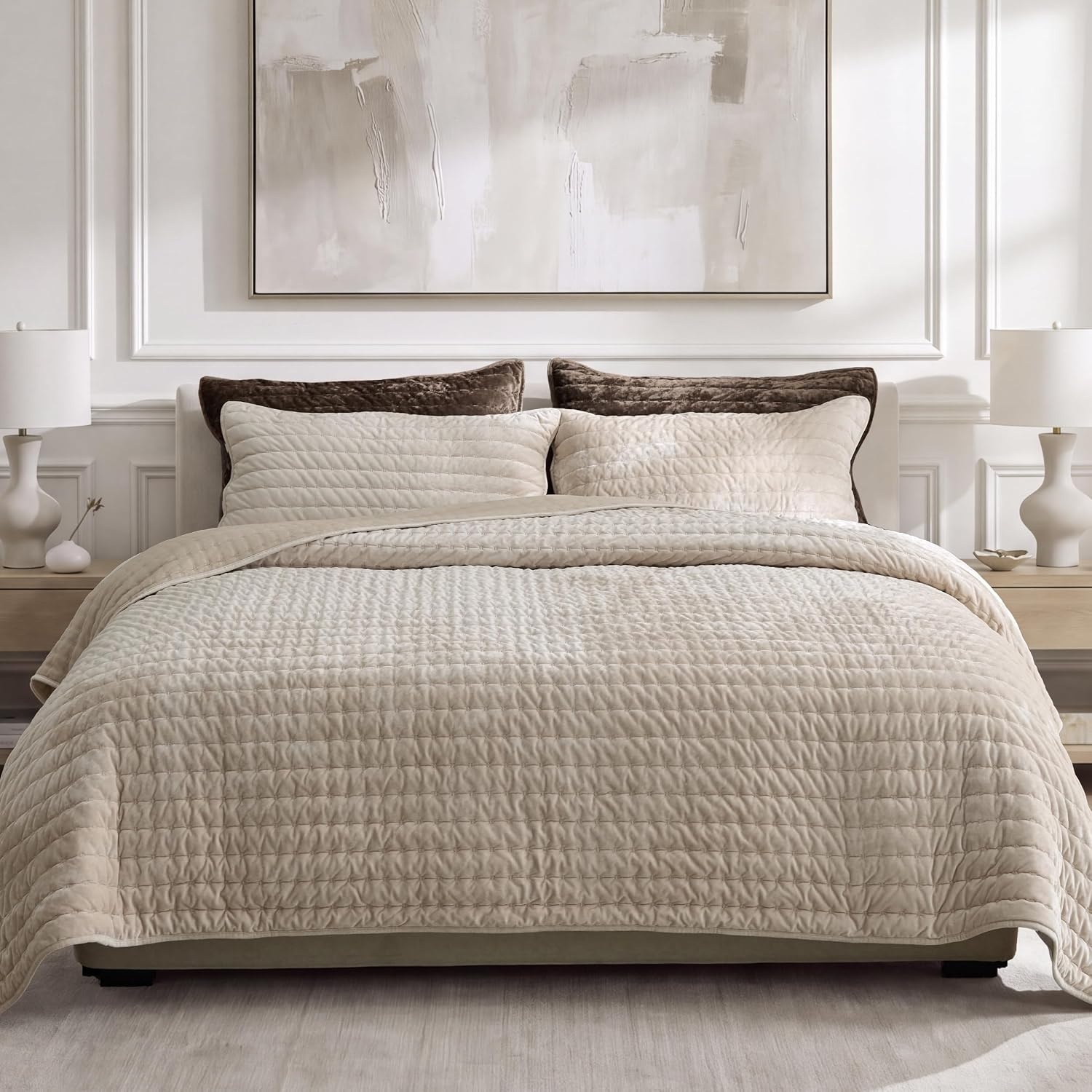 image:imageBedsure Velvet Comforter King Olive Green Quilt Luxury Bedding Set03 Beige