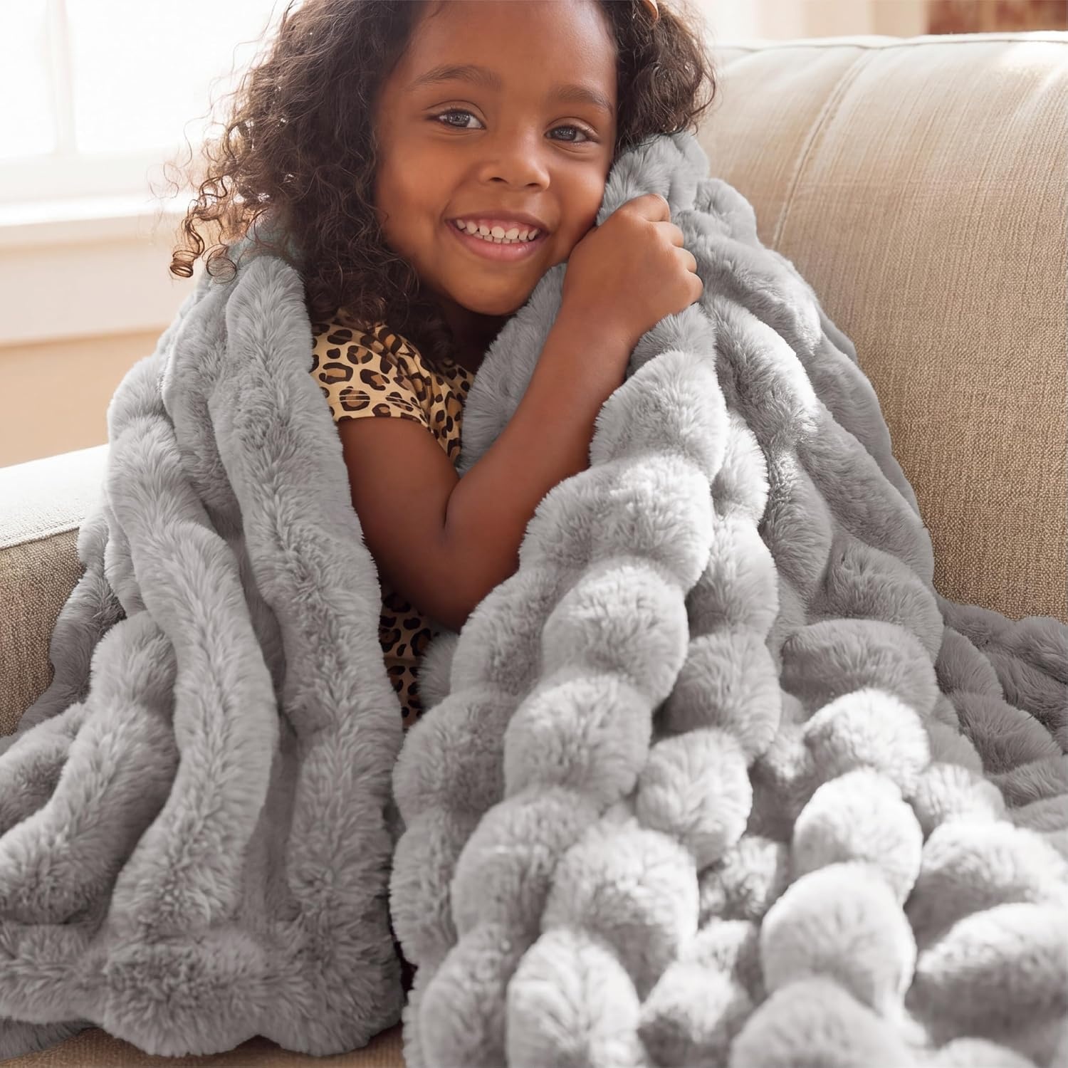 image:imageBedsure Fluffy Bubble Faux Fur Throw Blanket 50x60 Olive GreenLight Grey