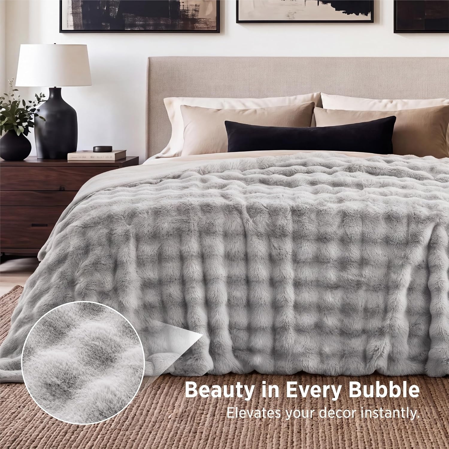 image:imageBedsure Fluffy Bubble Faux Fur Throw Blanket 50x60 Olive GreenLight Grey