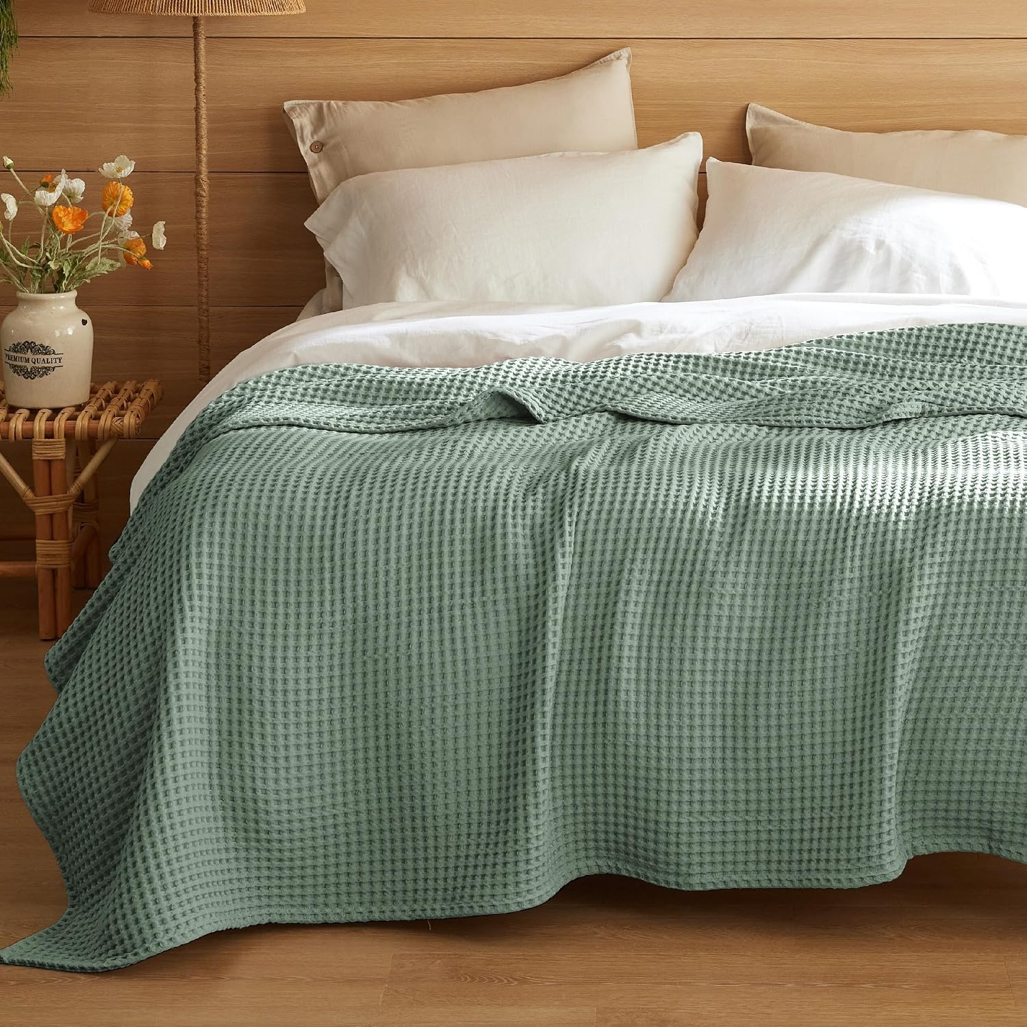 image:imageBedsure Lightweight 100 Cotton Waffle Blanket King Coffee BrownSage Green
