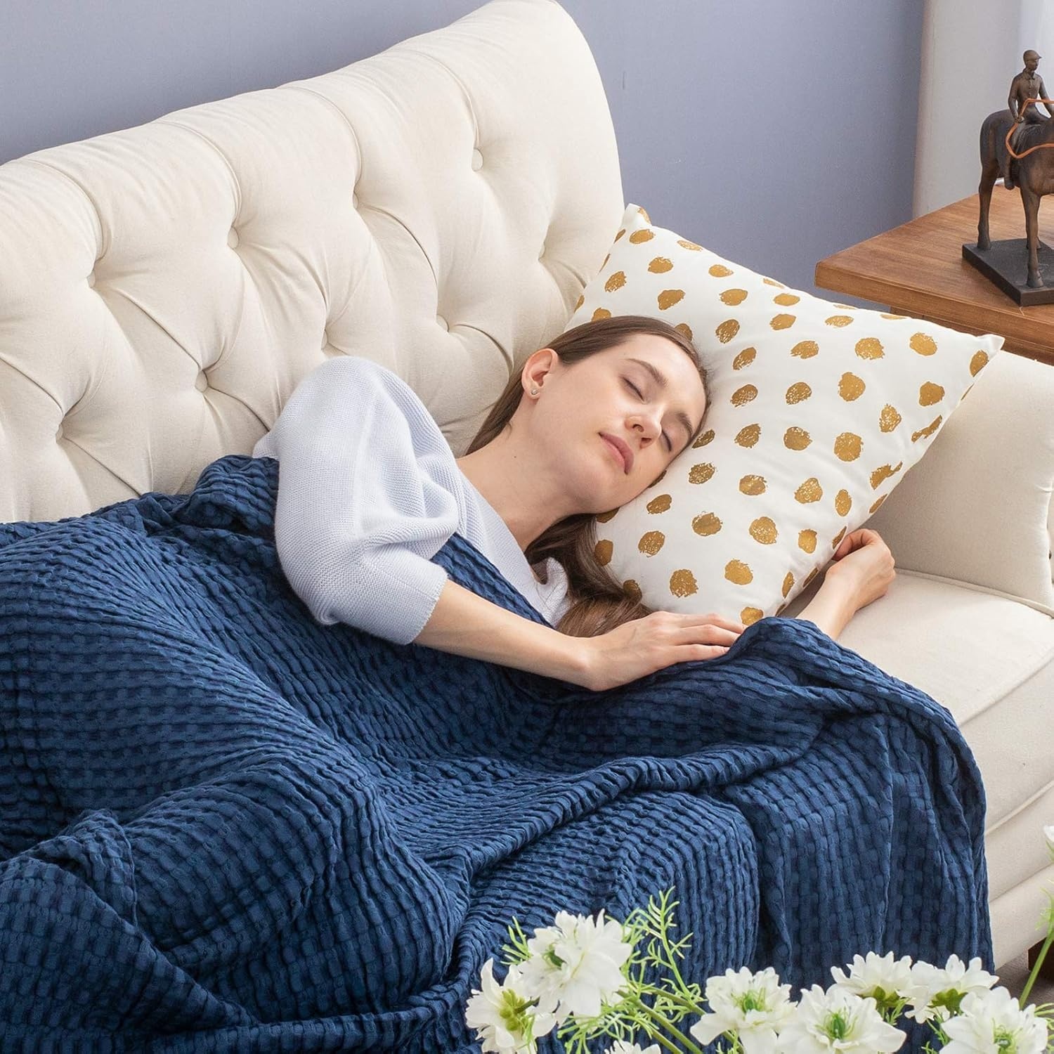 image:imageBedsure Navy Cooling Blanket and Beige Linen Waffle Blanket 90x90 Inches