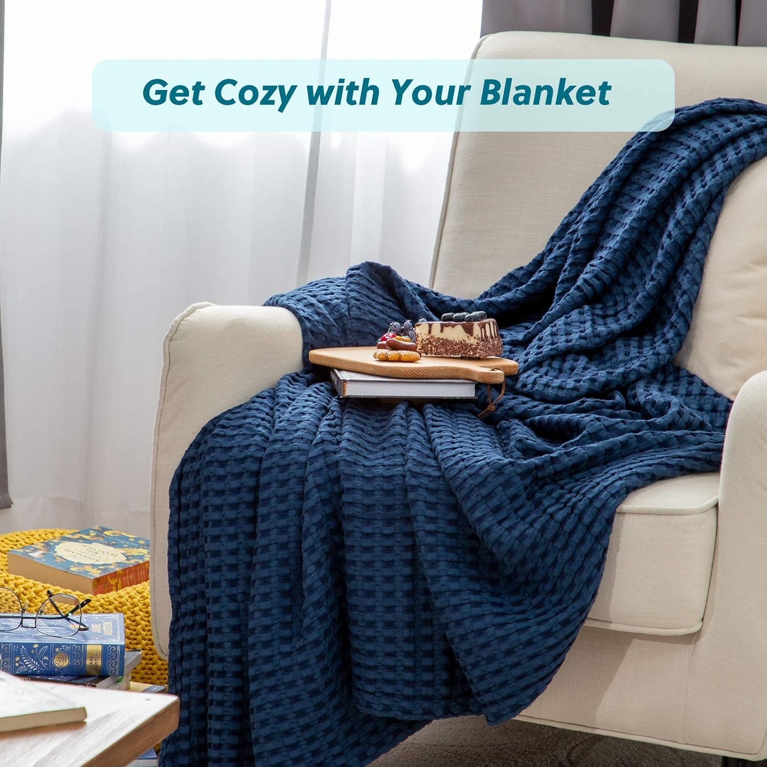 image:imageBedsure Navy Cooling Blanket and Beige Linen Waffle Blanket 90x90 Inches