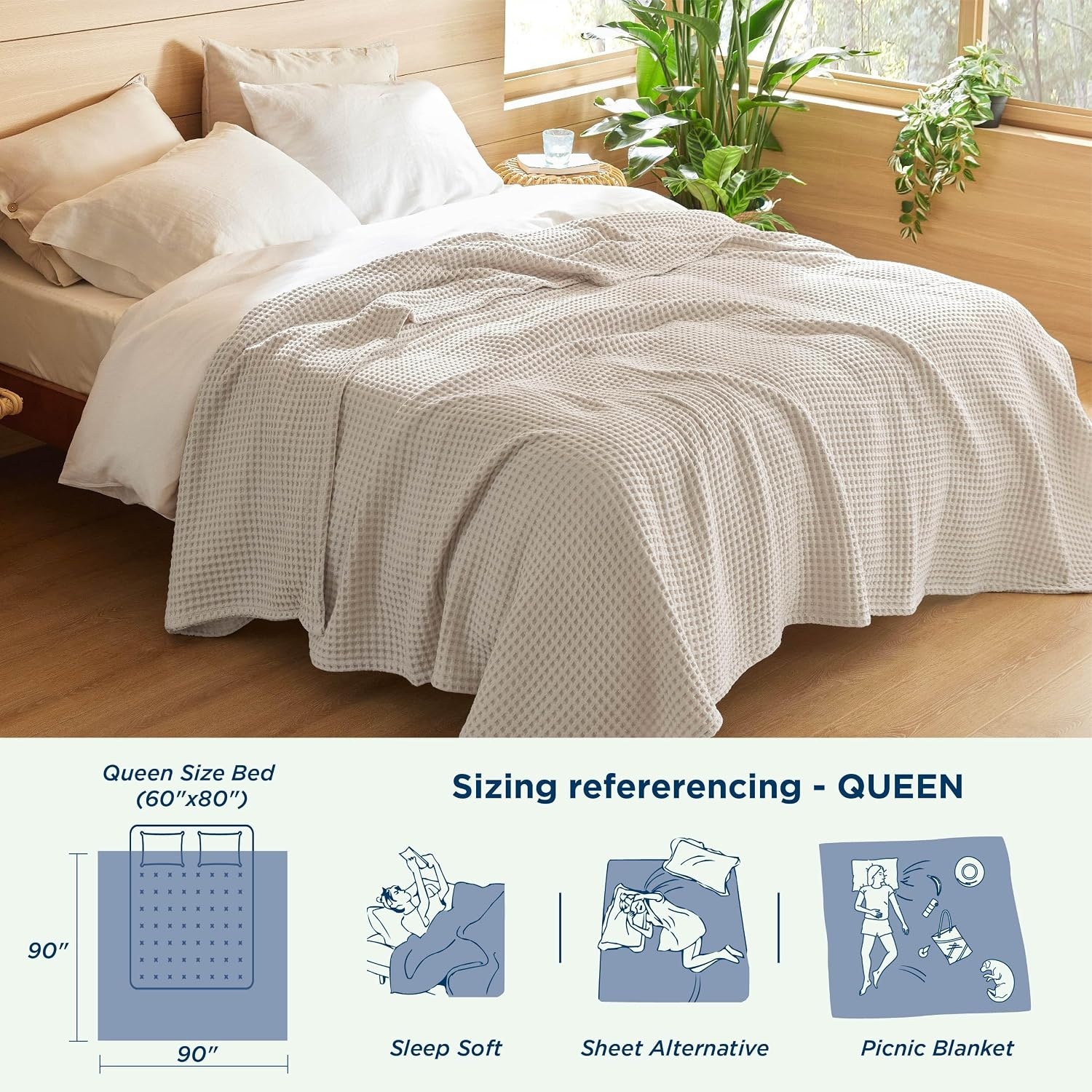 image:imageBedsure Navy Cooling Blanket and Beige Linen Waffle Blanket 90x90 Inches